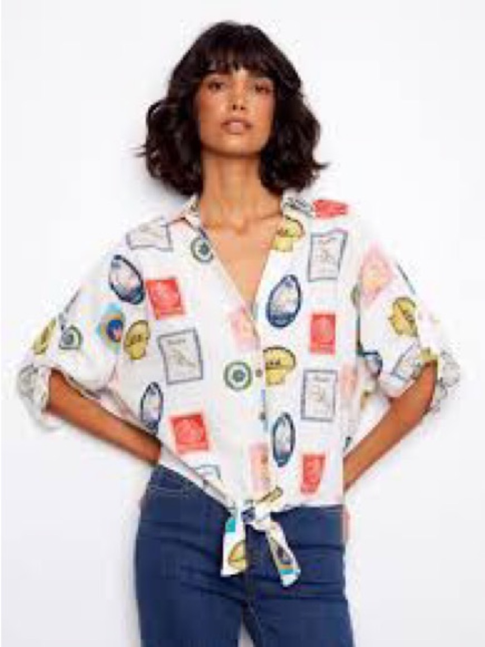 CHARLIE B Linen Blend Button-Front Printed Tie Hem Blouse Size M